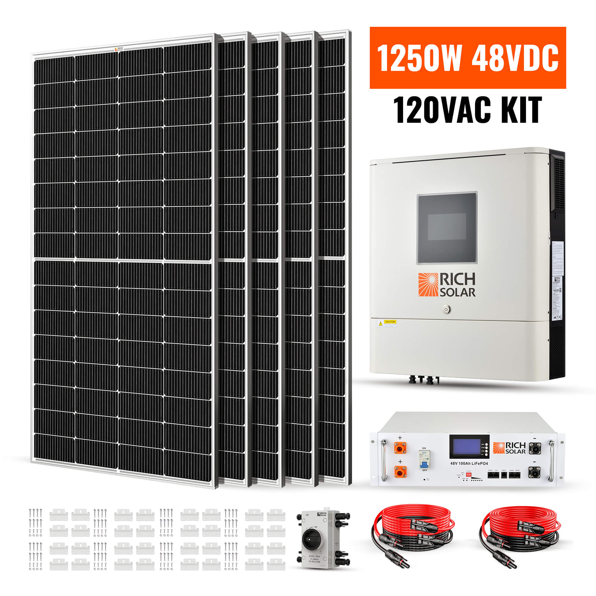 1250W 48VDC-120VAC Complete Hybrid Solar Kit