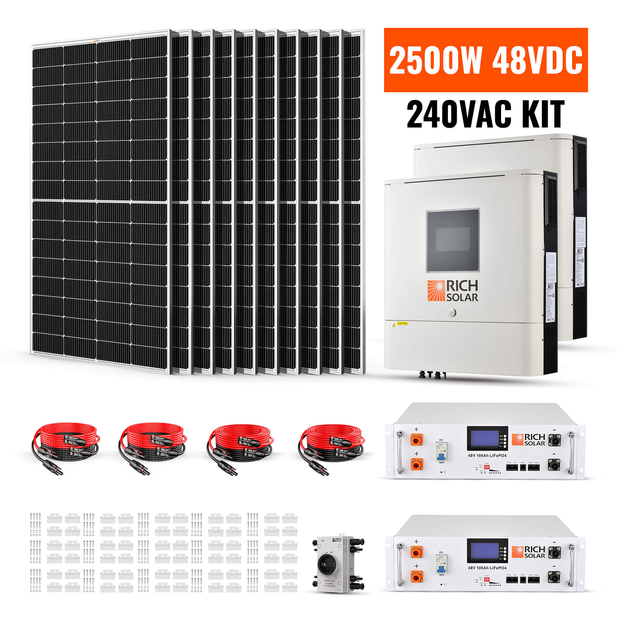 2500 W 48 VDC–240 VAC Complete Hybrid Solar Kit