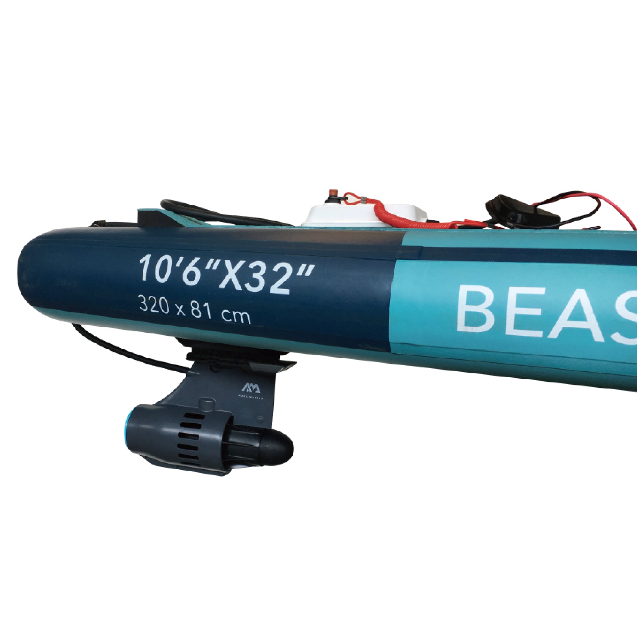Inflatable stand-up paddleboard with pump and BEAS branding on a white background